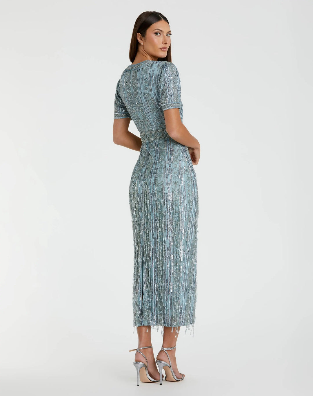 Mac Duggal 5980 Blue High Neck Short Sleeve Crystal Fringe Sheath Dress