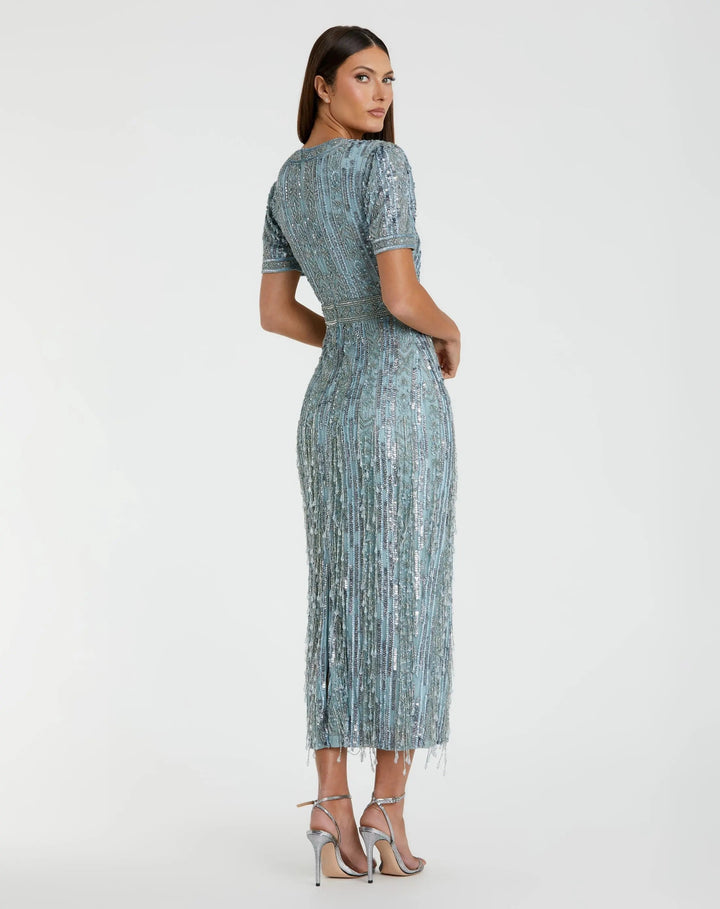 Mac Duggal 5980 Blue High Neck Short Sleeve Crystal Fringe Sheath Dress