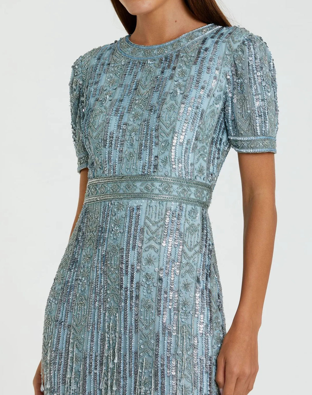 Mac Duggal 5980 Blue High Neck Short Sleeve Crystal Fringe Sheath Dress