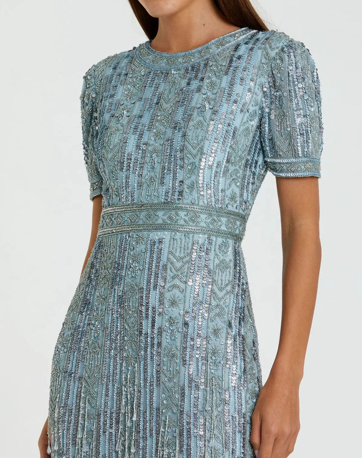 Mac Duggal 5980 Blue High Neck Short Sleeve Crystal Fringe Sheath Dress