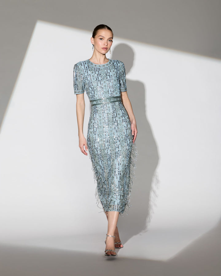 Mac Duggal 5980 Blue High Neck Short Sleeve Crystal Fringe Sheath Dress