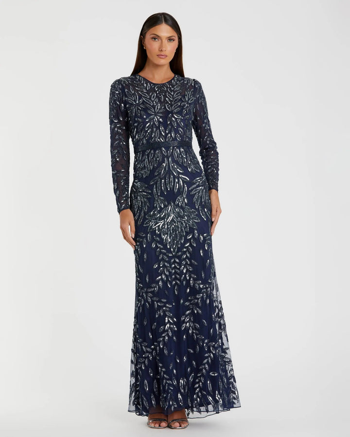 Mac Duggal 6023 Navy Long Sleeve Illusion Neckline Embellished Gown