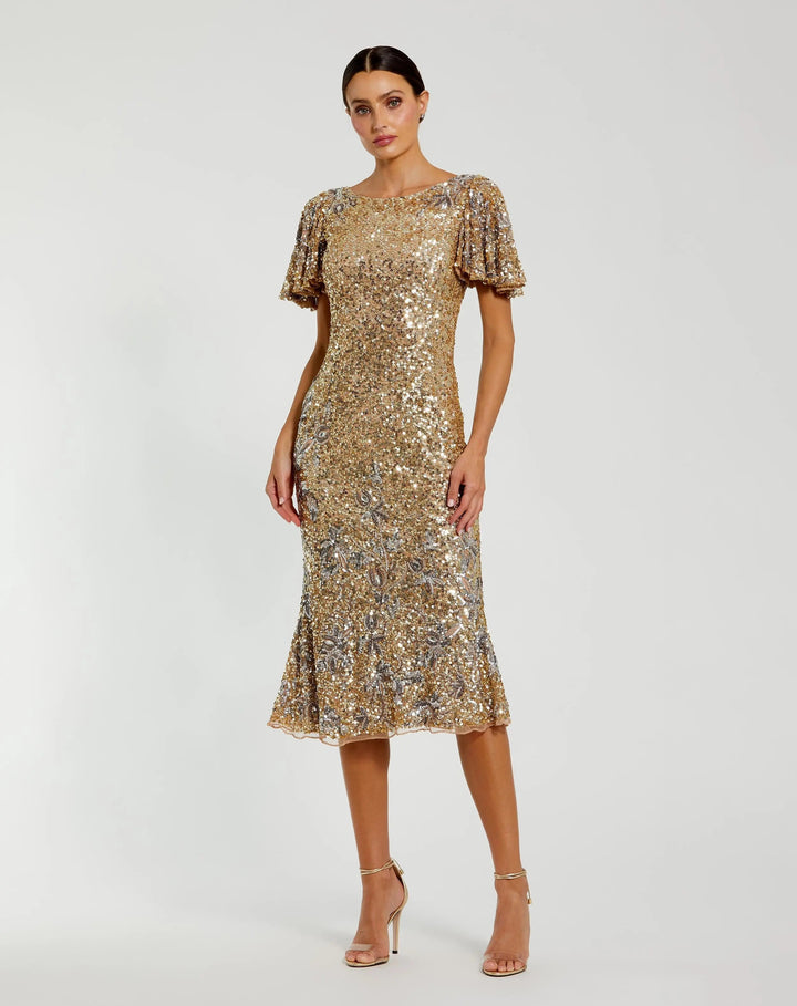 Mac Duggal 6118 Flutter Sleeve Floral Embellished Sequin Midi Dress