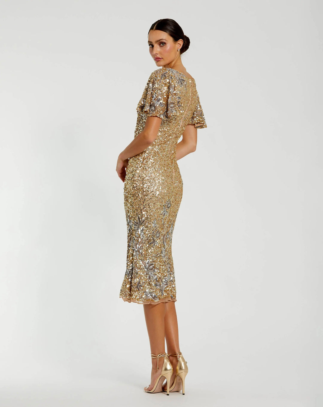 Mac Duggal 6118 Flutter Sleeve Floral Embellished Sequin Midi Dress