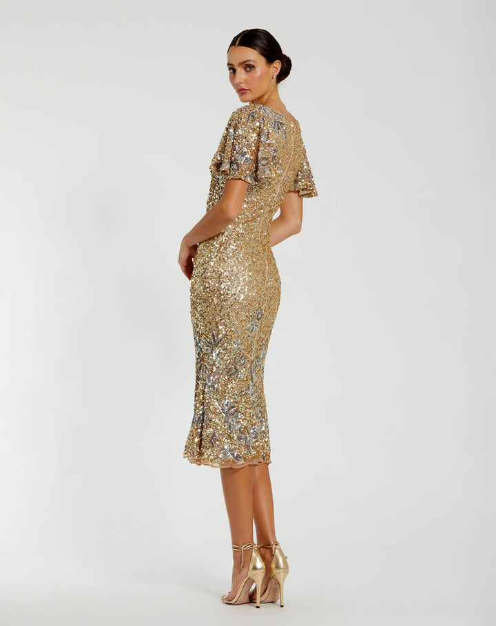 Mac Duggal 6118 Flutter Sleeve Floral Embellished Sequin Midi Dress