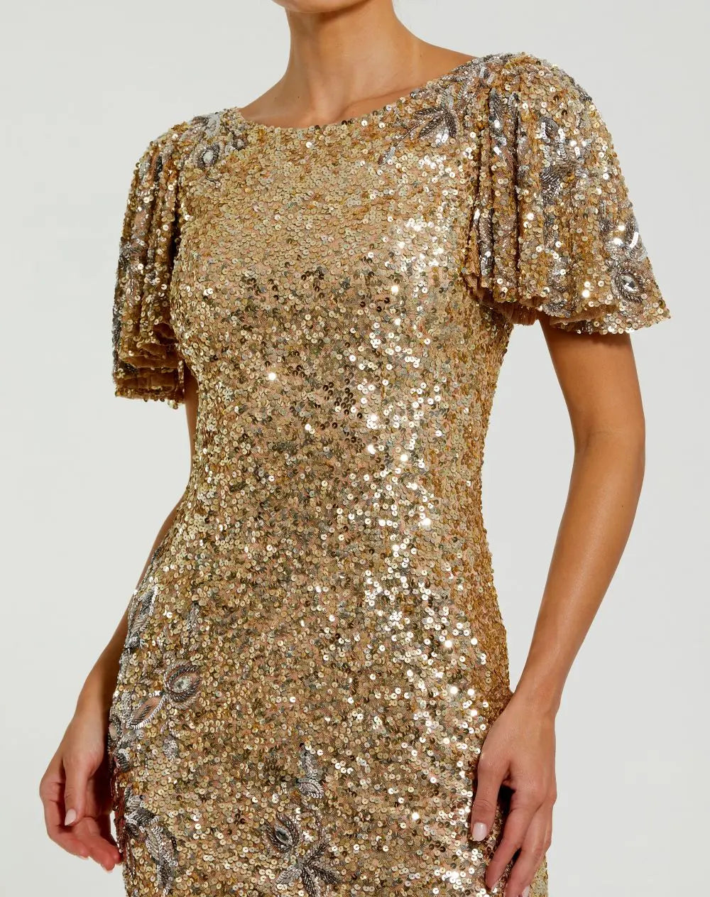 Mac Duggal 6118 Flutter Sleeve Floral Embellished Sequin Midi Dress