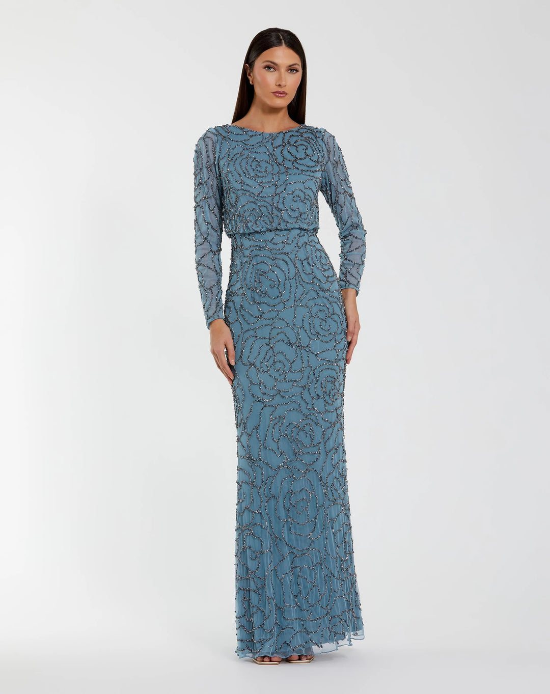 Blue Long Sleeve Beaded Blouson Gown - FOSTANI.com