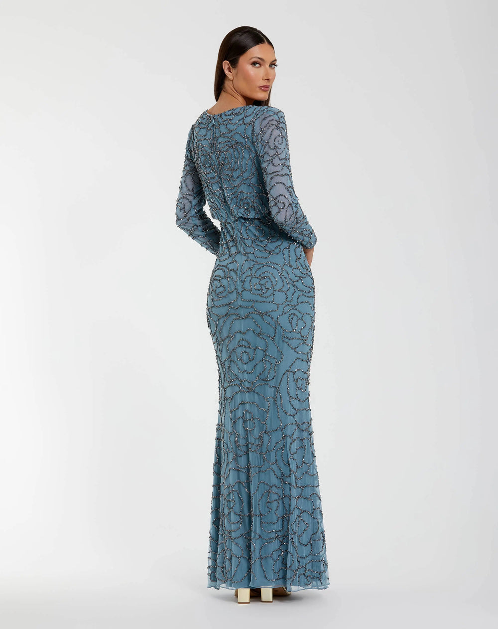 Blue Long Sleeve Beaded Blouson Gown - FOSTANI.com