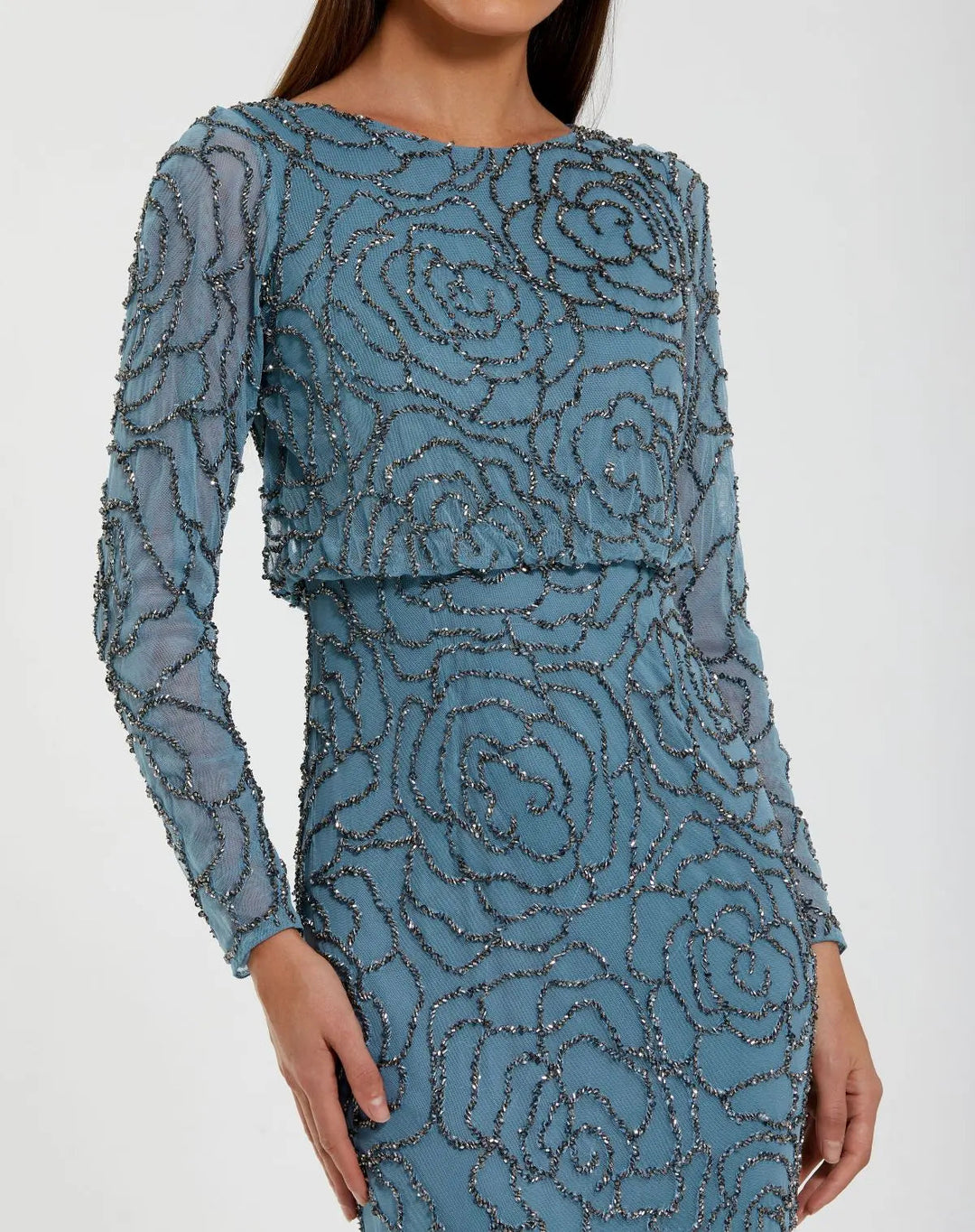 Blue Long Sleeve Beaded Blouson Gown - FOSTANI.com