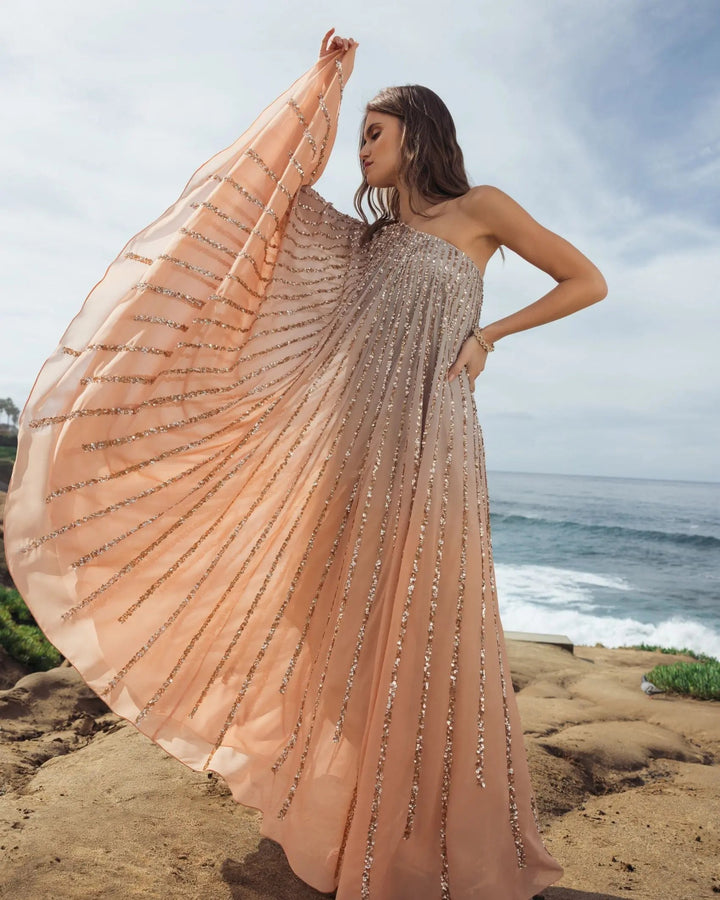Mac Duggal 6204 One Shoulder Ombre Sequin Kaftan Dress