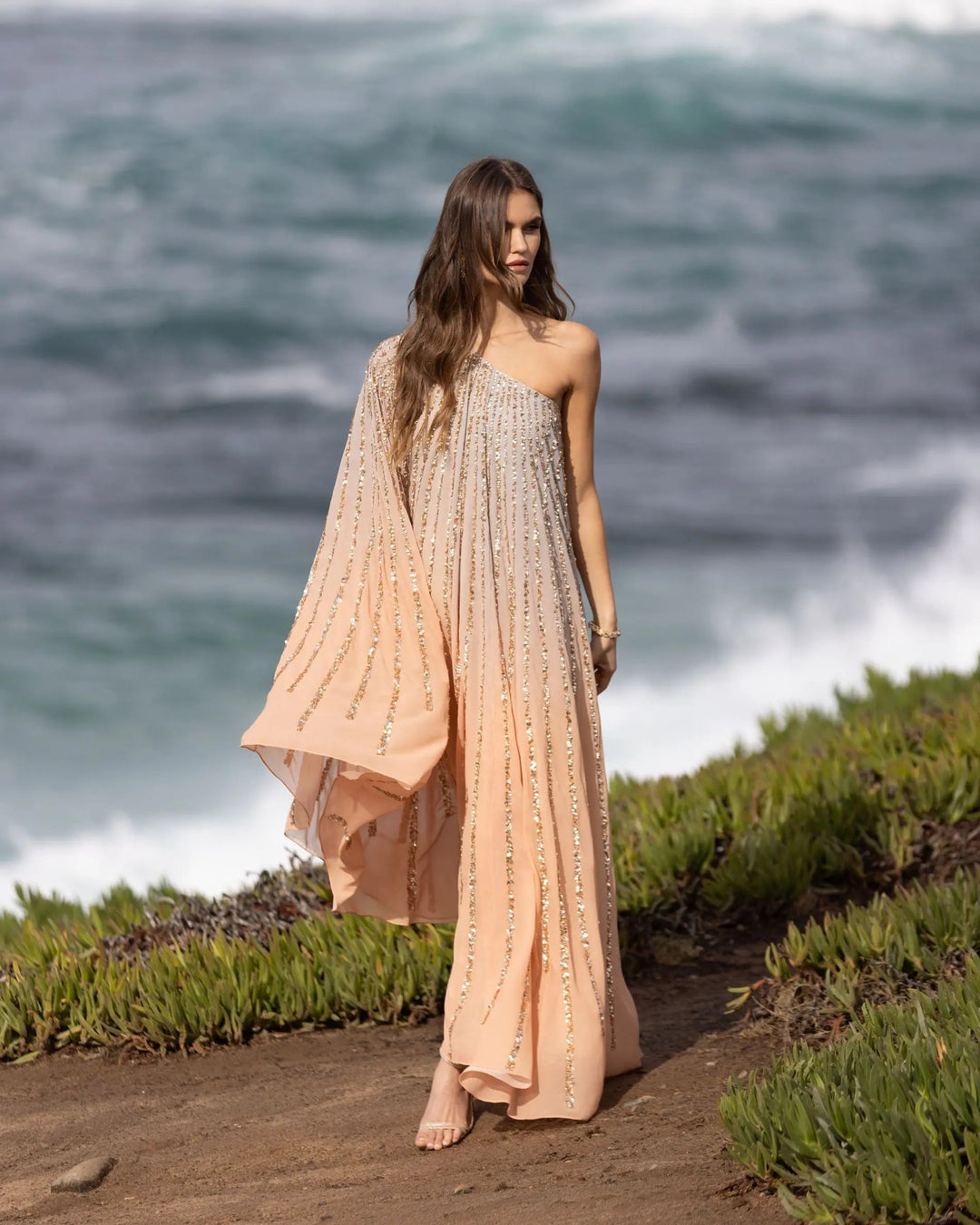 Mac Duggal 6204 One Shoulder Ombre Sequin Kaftan Dress