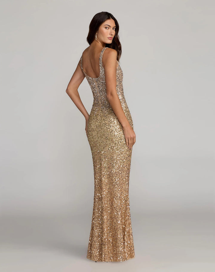 Mac Duggal 6219 Gold Sequin Scoop Neck Column Gown