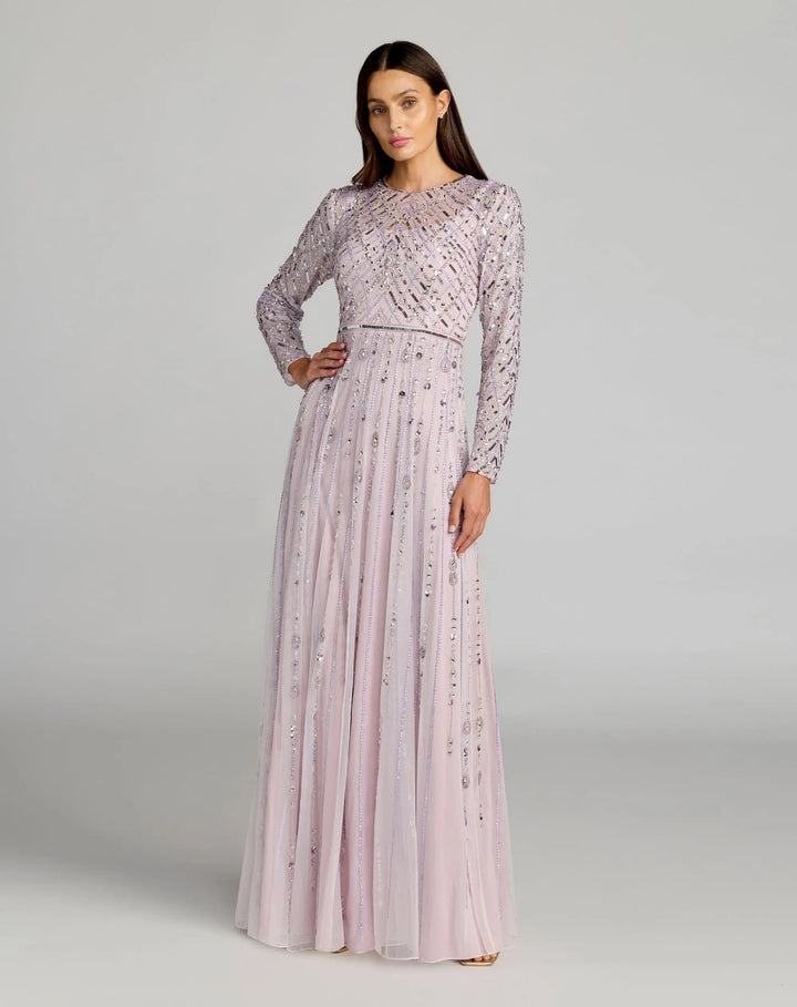 Purple Hand Embellished Long Sleeve A-Line Gown - FOSTANI.com