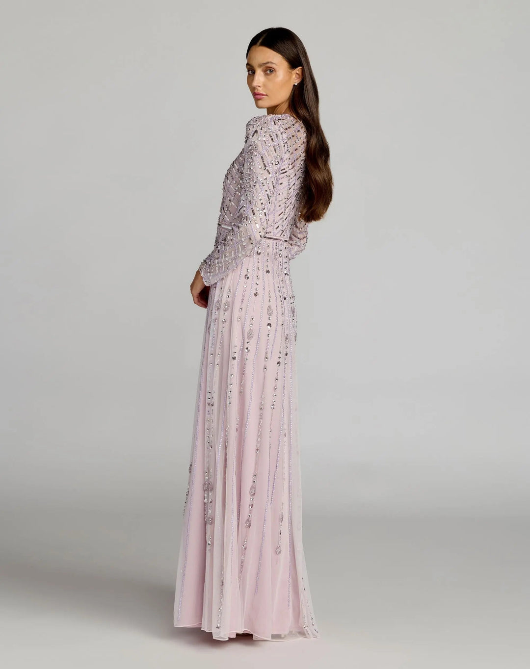 Purple Hand Embellished Long Sleeve A-Line Gown - FOSTANI.com