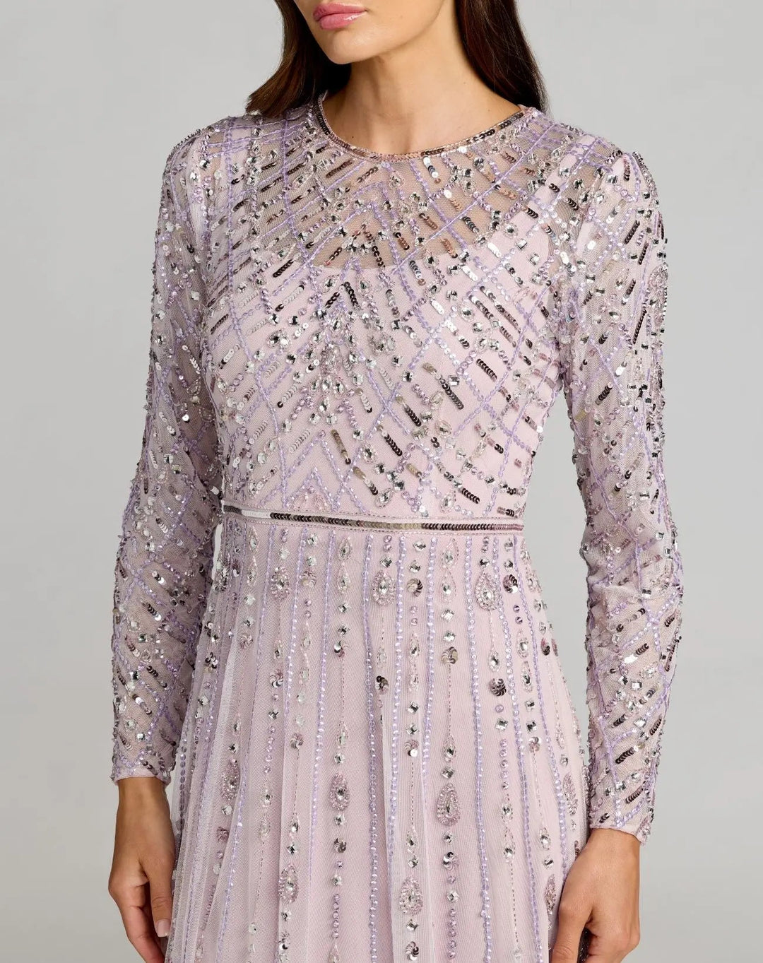 Purple Hand Embellished Long Sleeve A-Line Gown - FOSTANI.com