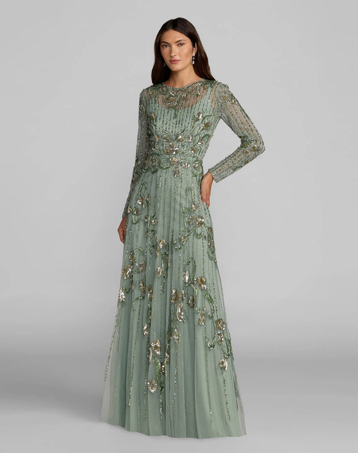 Mac Duggal 6238 Green Beaded Long Sleeve A Line Gown - FOSTANI.com
