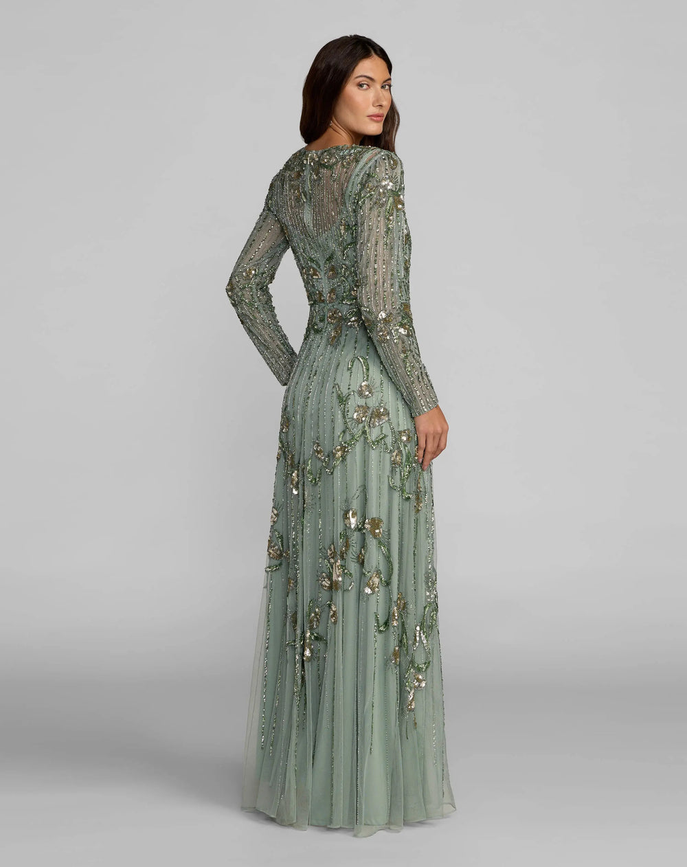 Mac Duggal 6238 Green Beaded Long Sleeve A Line Gown - FOSTANI.com