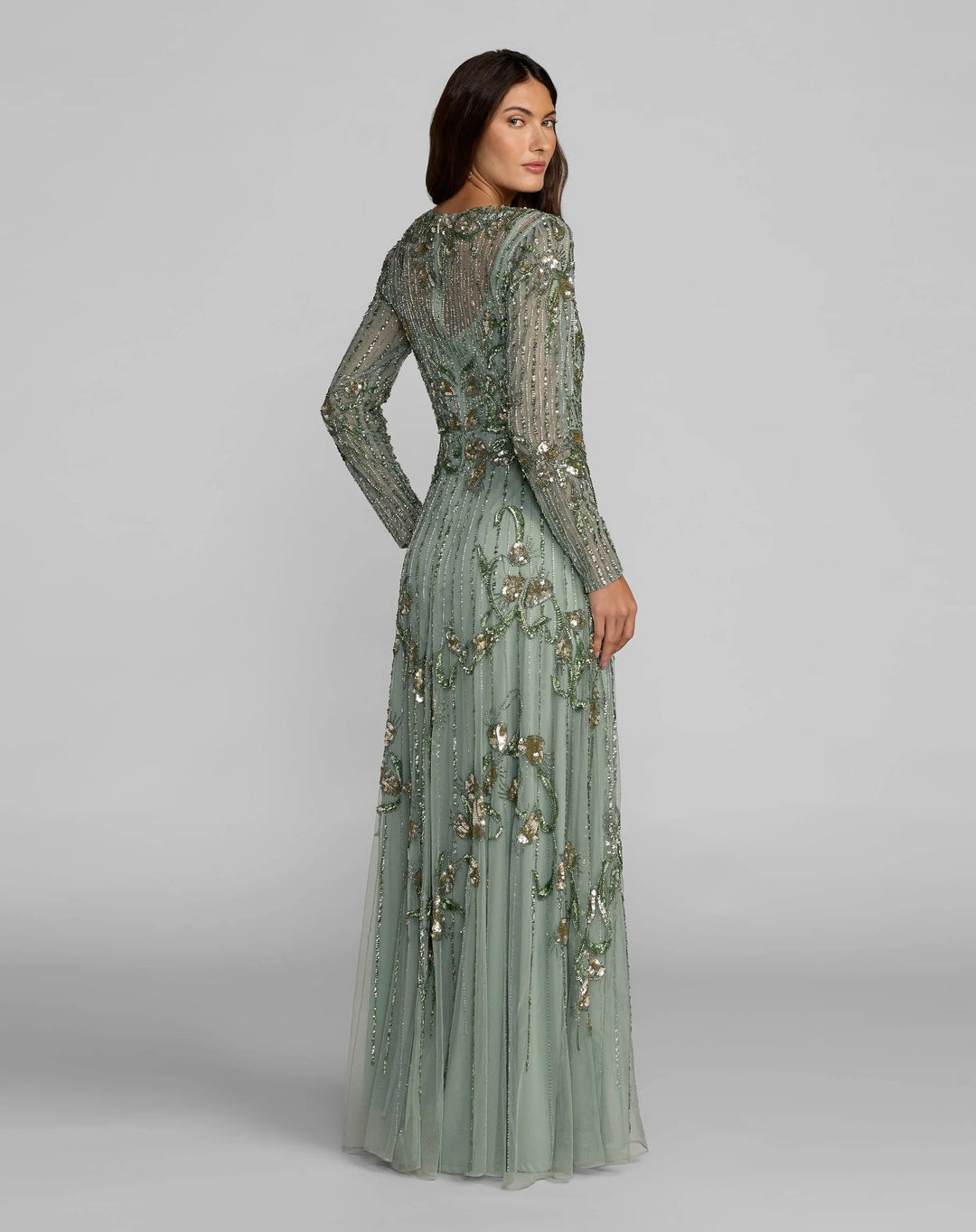 Mac Duggal 6238 Green Beaded Long Sleeve A Line Gown - FOSTANI.com
