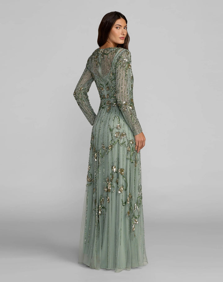 Mac Duggal 6238 Green Beaded Long Sleeve A Line Gown - FOSTANI.com