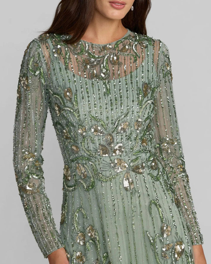 Mac Duggal 6238 Green Beaded Long Sleeve A Line Gown - FOSTANI.com