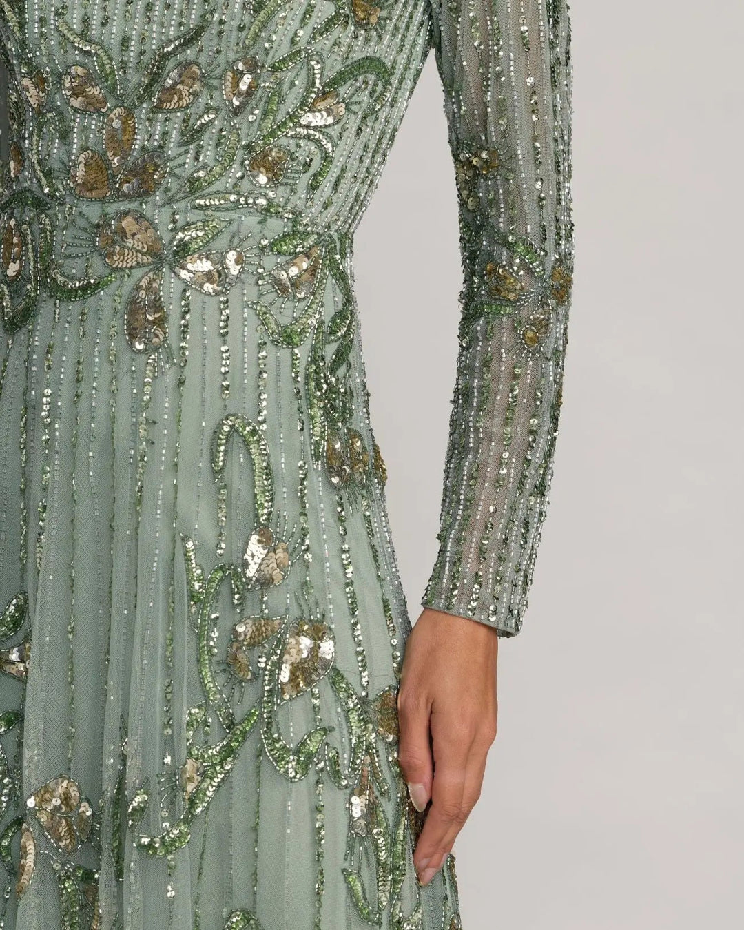 Mac Duggal 6238 Green Beaded Long Sleeve A Line Gown - FOSTANI.com