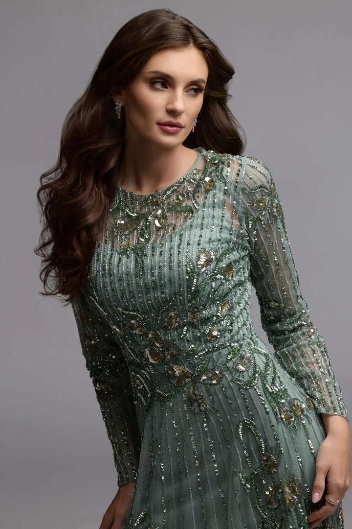 Mac Duggal 6238 Green Beaded Long Sleeve A Line Gown - FOSTANI.com