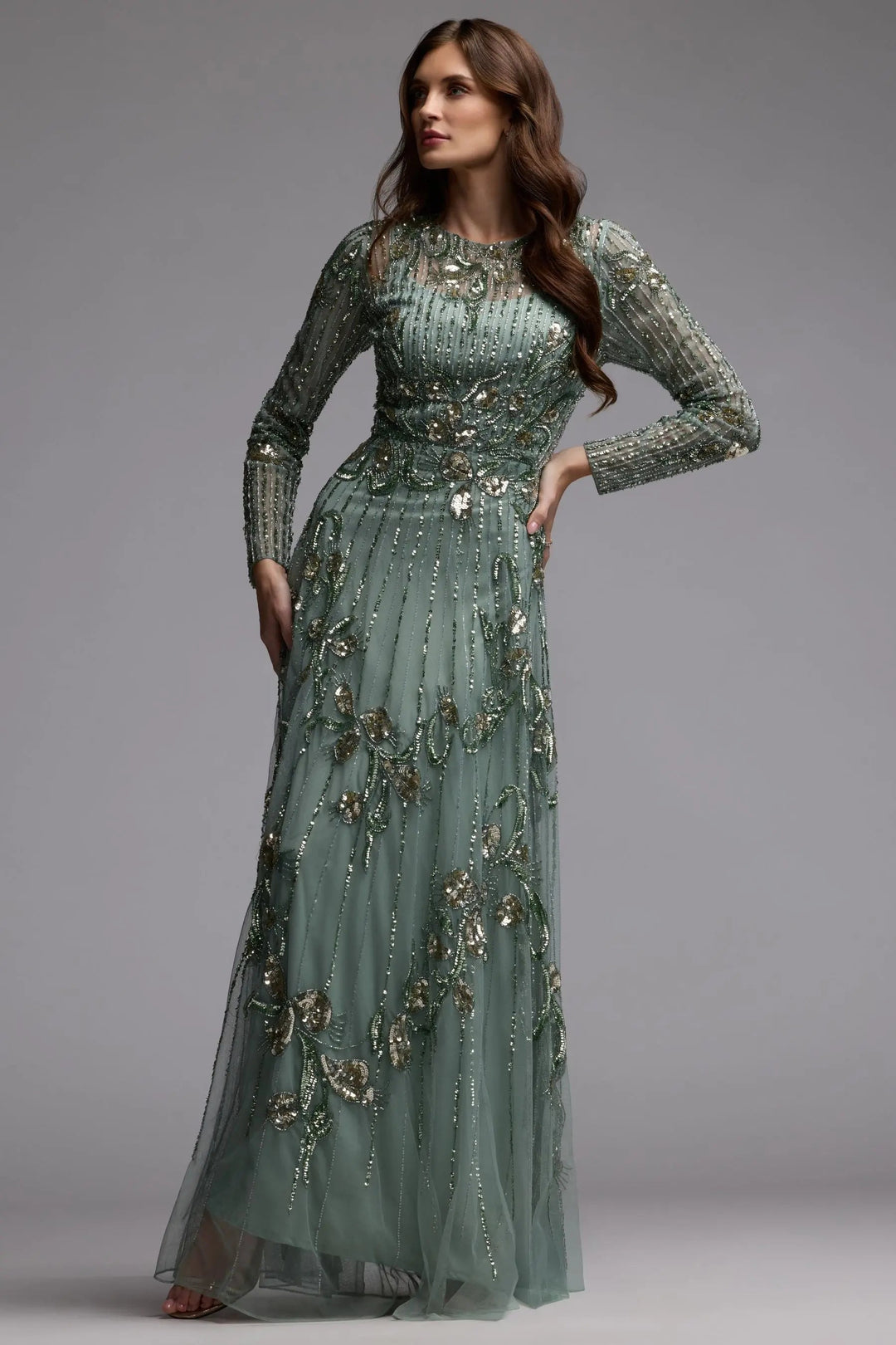 Mac Duggal 6238 Green Beaded Long Sleeve A Line Gown - FOSTANI.com