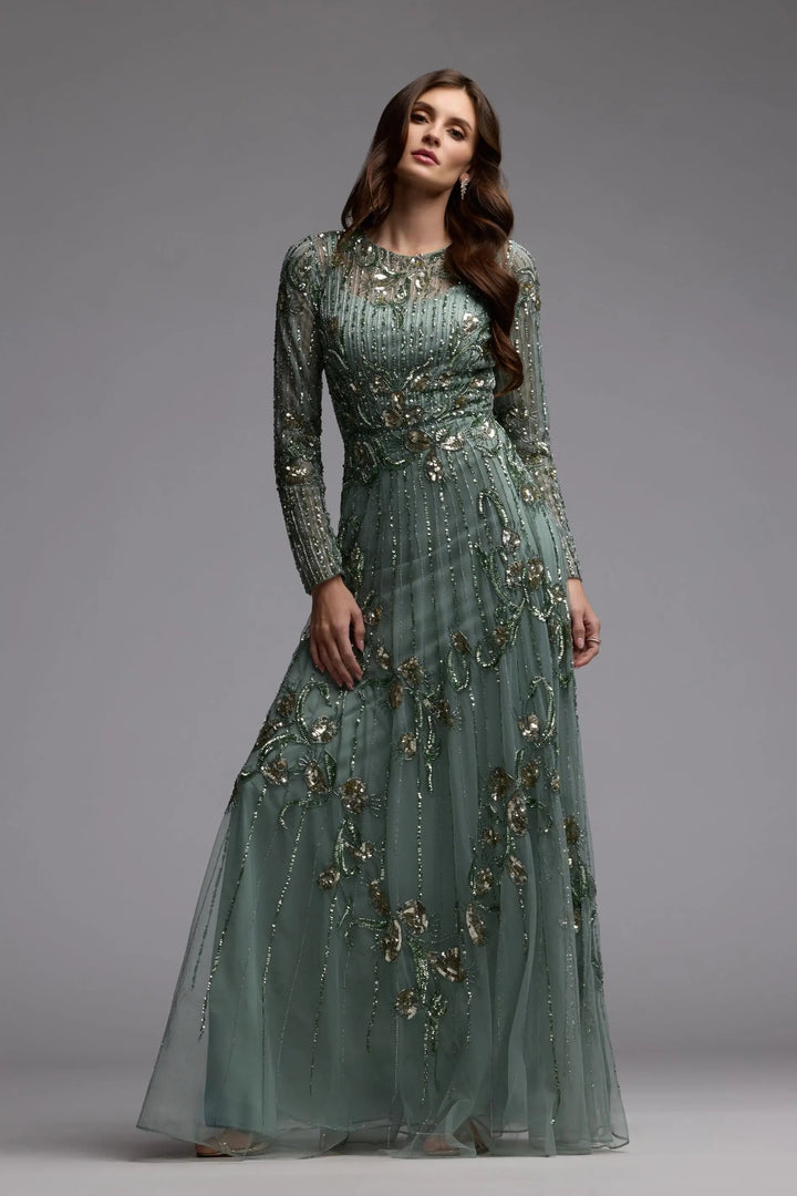 Mac Duggal 6238 Green Beaded Long Sleeve A Line Gown - FOSTANI.com