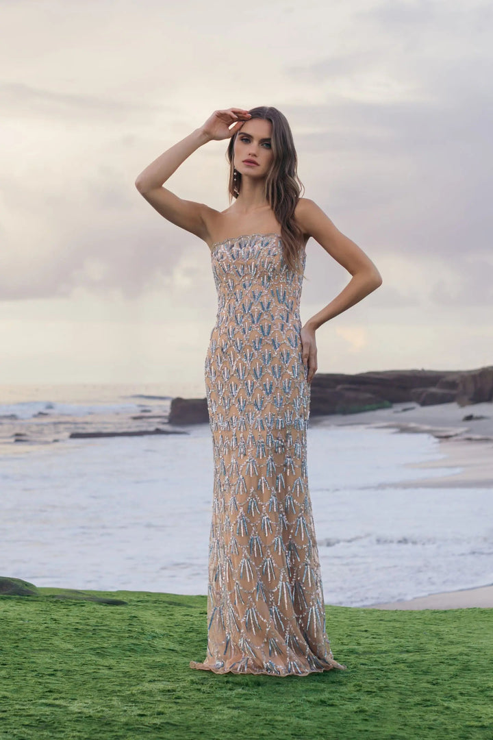 Mac Duggal 6250 Beige Hand Embellished Strapless Evening Gown