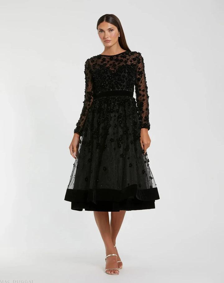 Mac Duggal 67007 Embellished Long Sleeve Velvet Trim A-Line Midi Dress