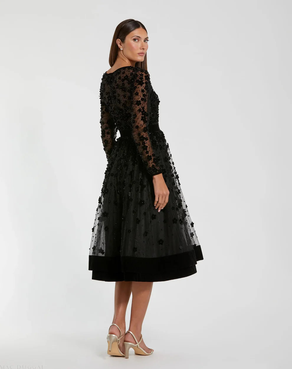Mac Duggal 67007 Embellished Long Sleeve Velvet Trim A-Line Midi Dress
