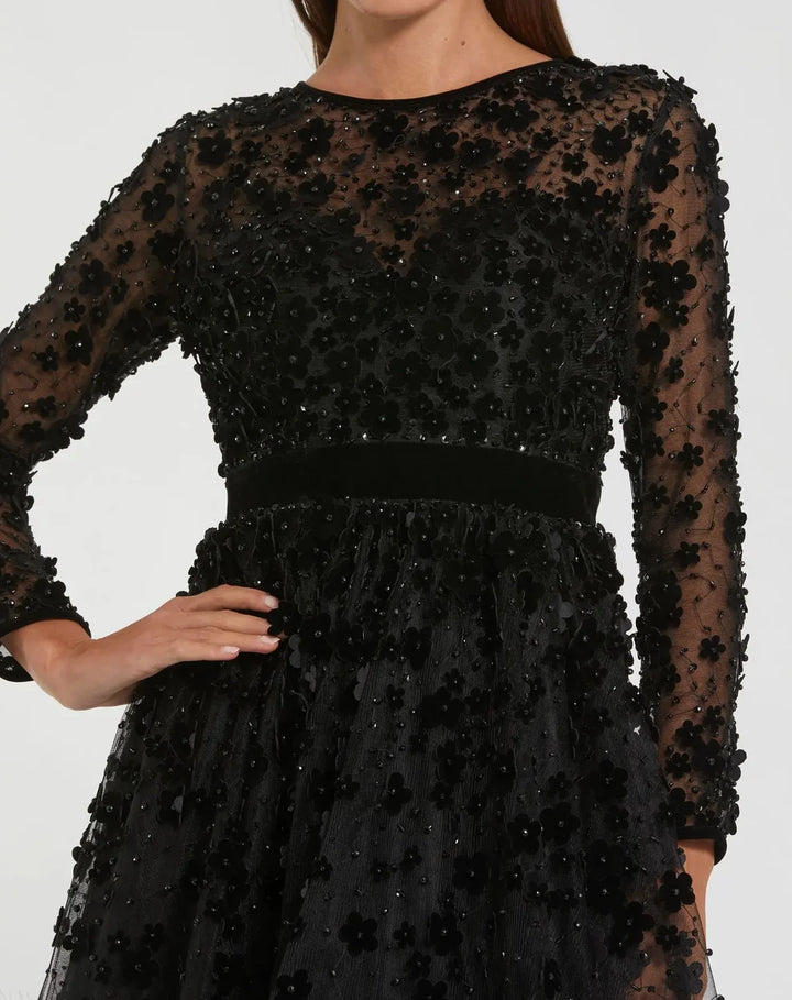 Mac Duggal 67007 Embellished Long Sleeve Velvet Trim A-Line Midi Dress