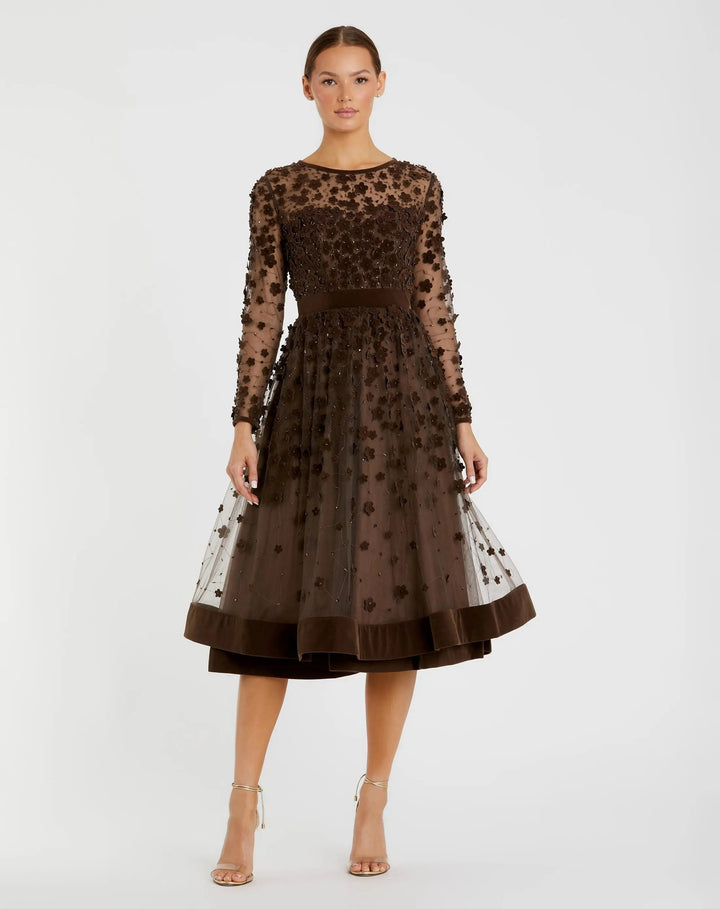 Mac Duggal 67007 Embellished Long Sleeve Velvet Trim A-Line Midi Dress
