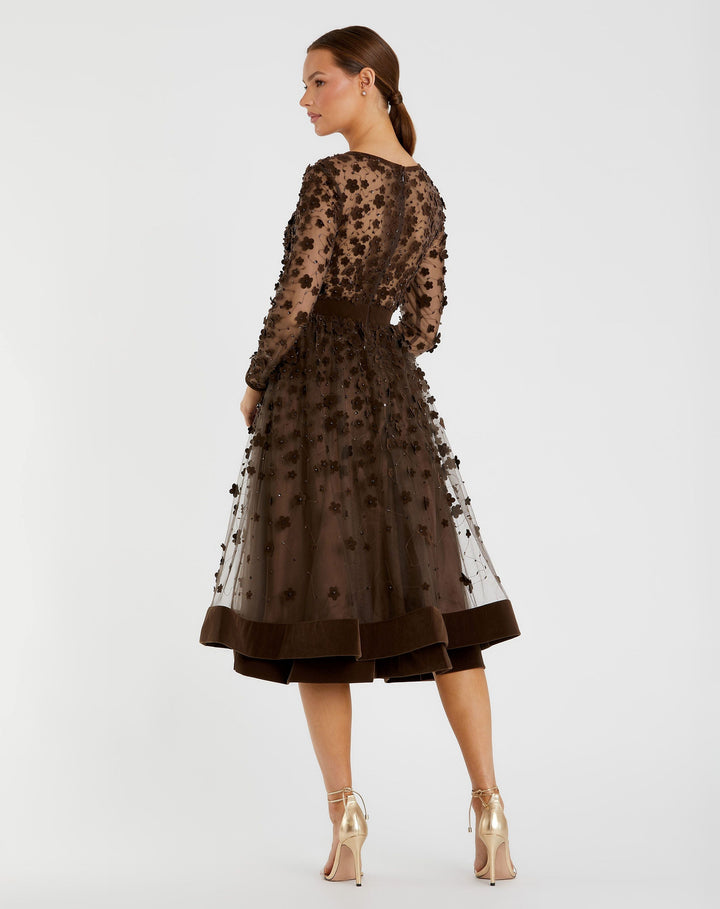 Mac Duggal 67007 Embellished Long Sleeve Velvet Trim A-Line Midi Dress