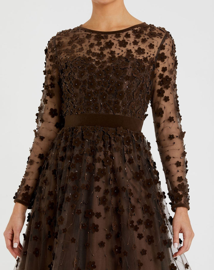 Mac Duggal 67007 Embellished Long Sleeve Velvet Trim A-Line Midi Dress