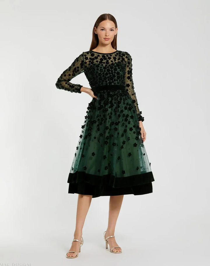 Mac Duggal 67007 Embellished Long Sleeve Velvet Trim A-Line Midi Dress