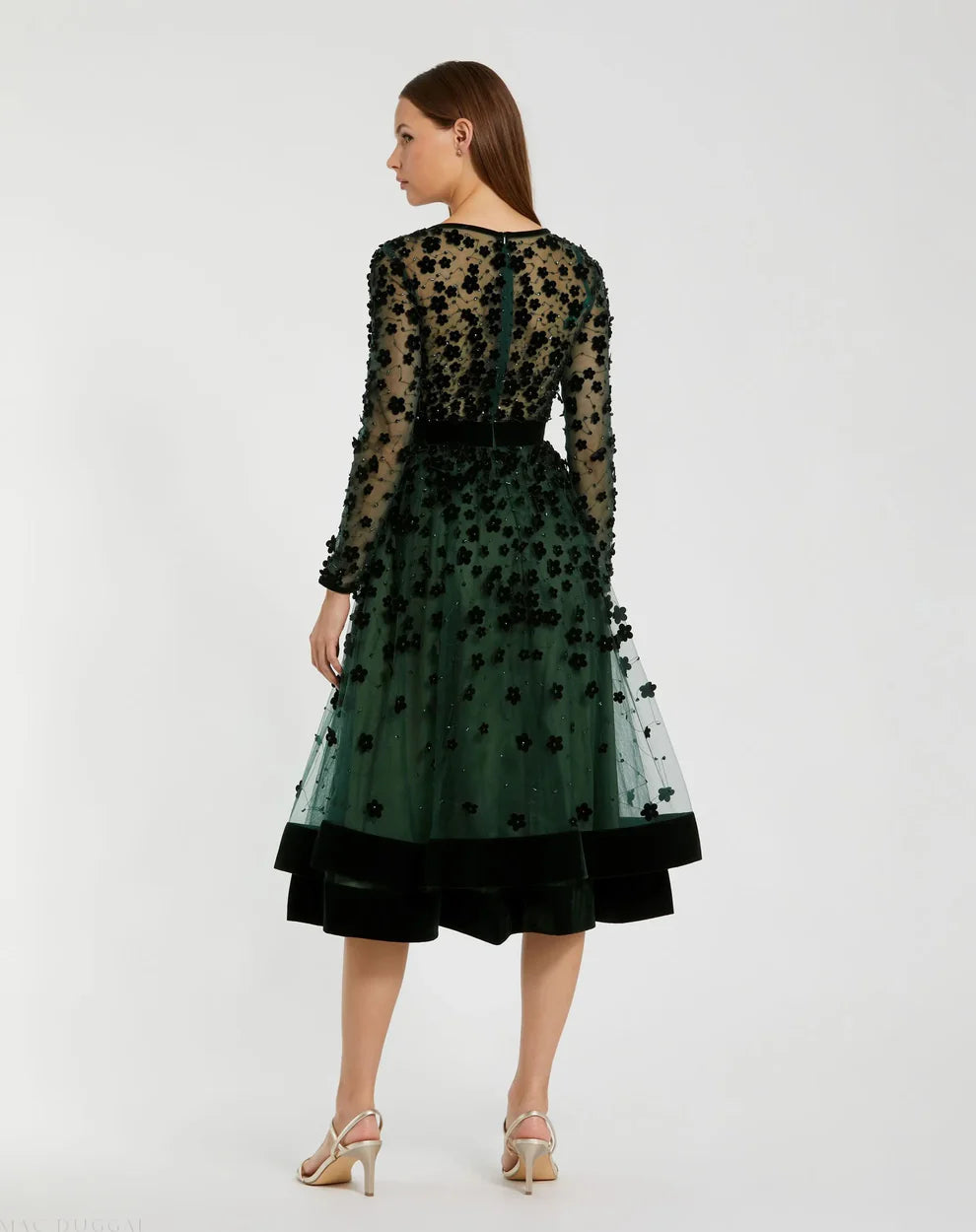 Mac Duggal 67007 Embellished Long Sleeve Velvet Trim A-Line Midi Dress