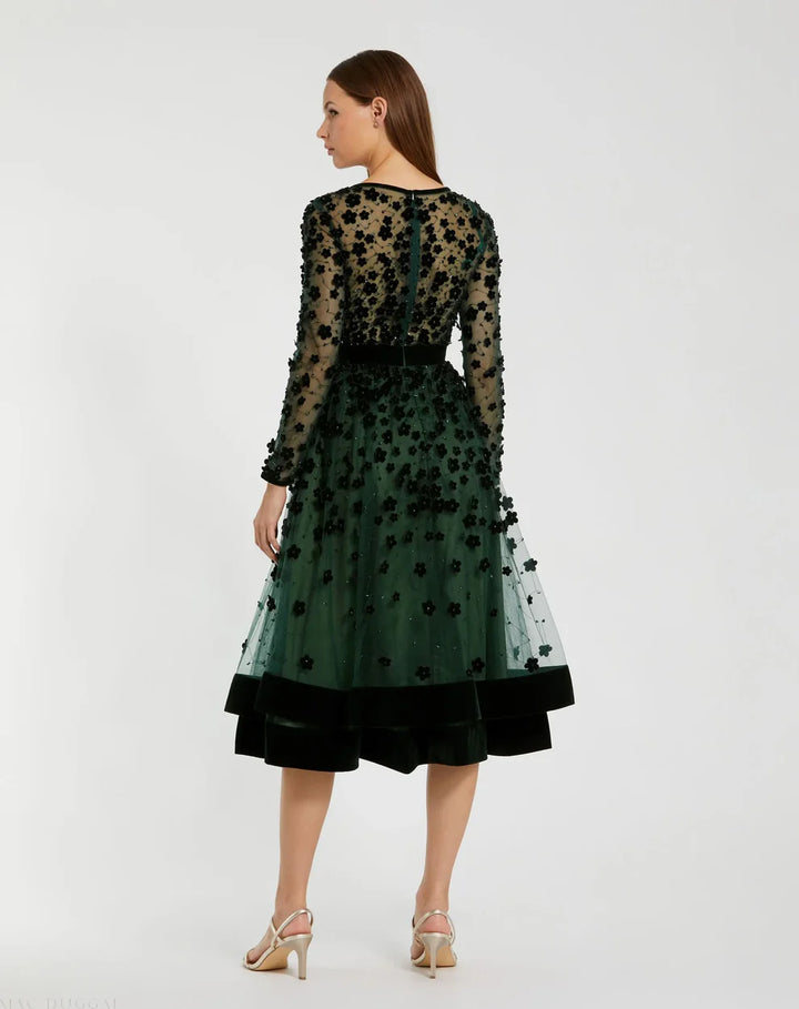 Mac Duggal 67007 Embellished Long Sleeve Velvet Trim A-Line Midi Dress