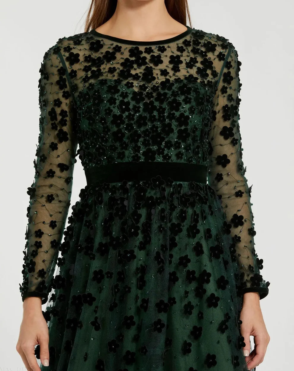 Mac Duggal 67007 Embellished Long Sleeve Velvet Trim A-Line Midi Dress