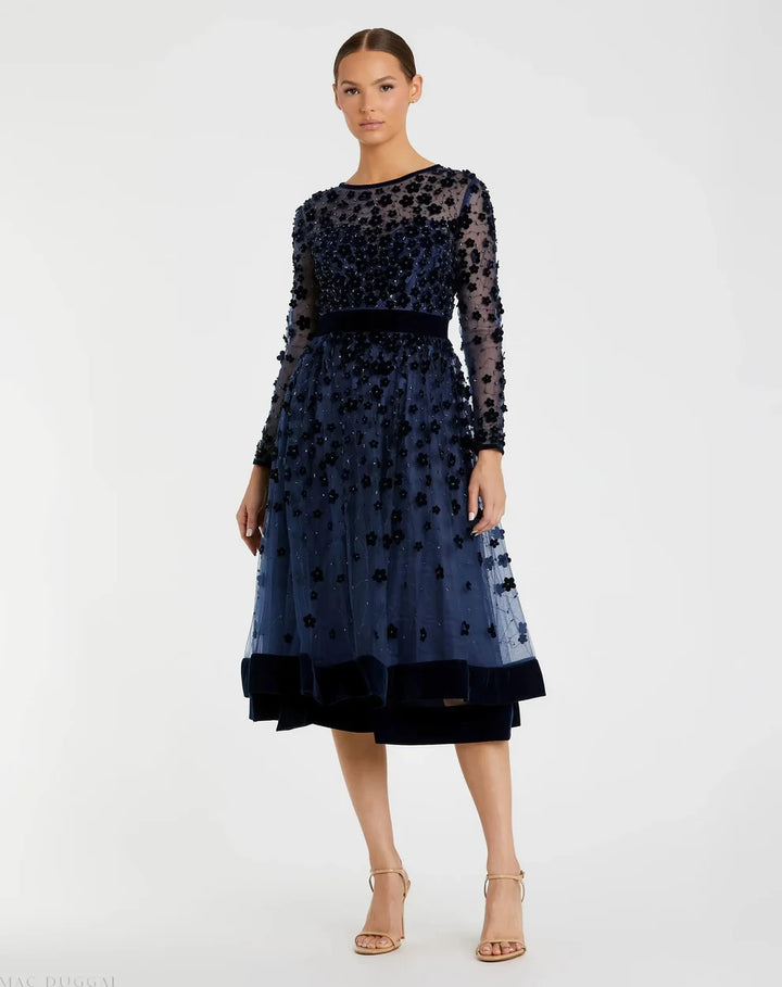 Mac Duggal 67007 Embellished Long Sleeve Velvet Trim A-Line Midi Dress