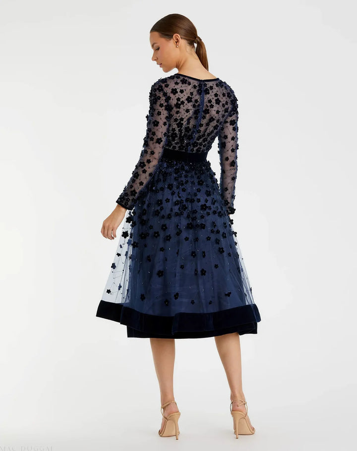 Mac Duggal 67007 Embellished Long Sleeve Velvet Trim A-Line Midi Dress
