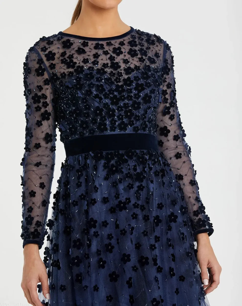 Mac Duggal 67007 Embellished Long Sleeve Velvet Trim A-Line Midi Dress