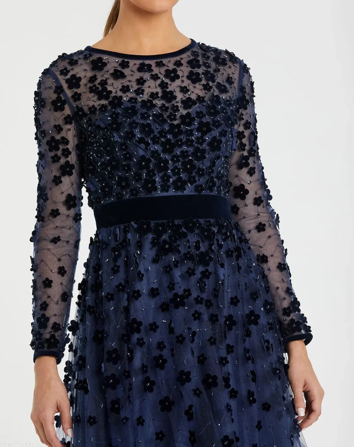 Mac Duggal 67007 Embellished Long Sleeve Velvet Trim A-Line Midi Dress