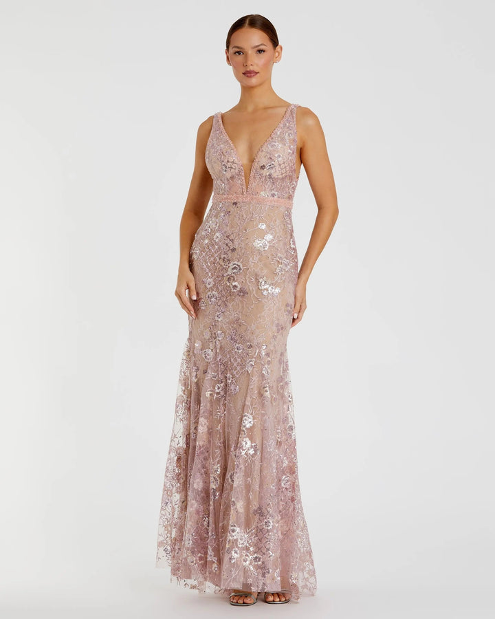 Mac Duggal 67481 Pink Floral Embellished Sleeveless Plunge Neck Gown