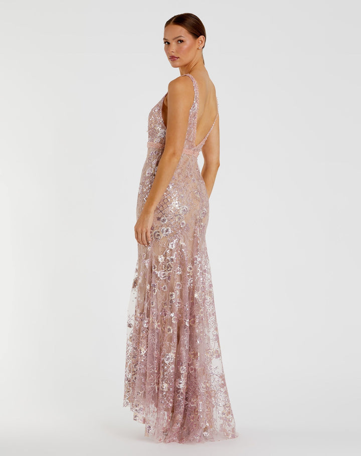 Mac Duggal 67481 Pink Floral Embellished Sleeveless Plunge Neck Gown