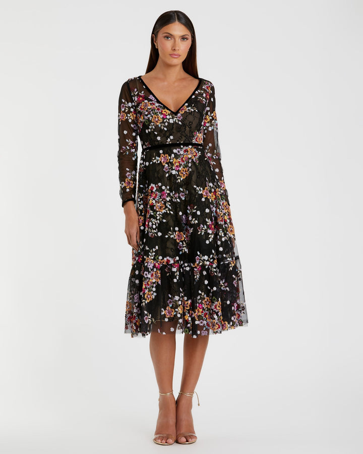 Mac Duggal 67499 Floral Embroidered Tea Length Dress