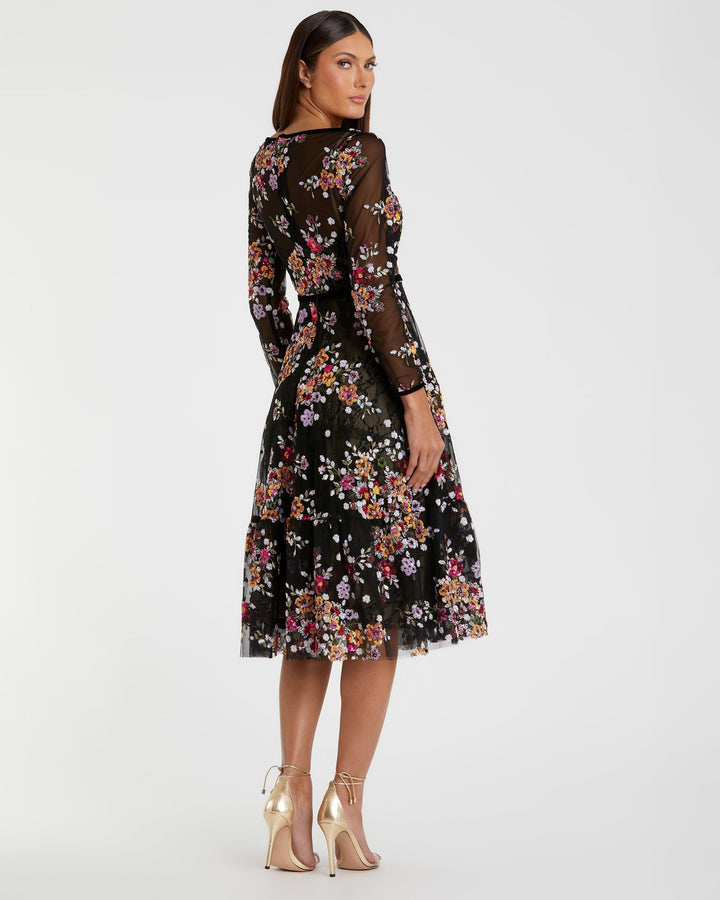 Mac Duggal 67499 Floral Embroidered Tea Length Dress
