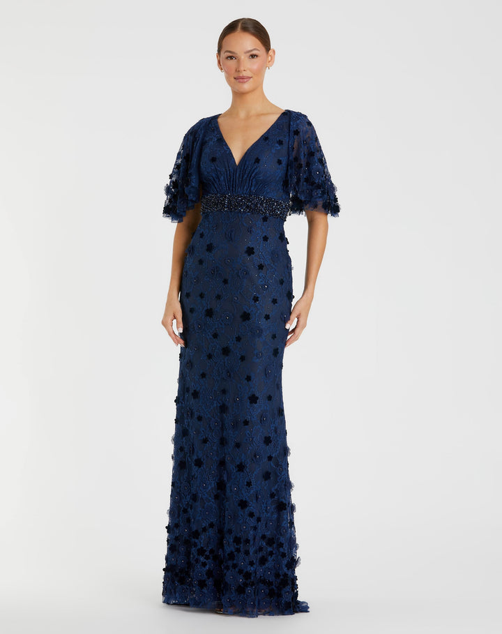 Mac Duggal 67712 Navy Flutter Sleeve Embellished Lace Gown