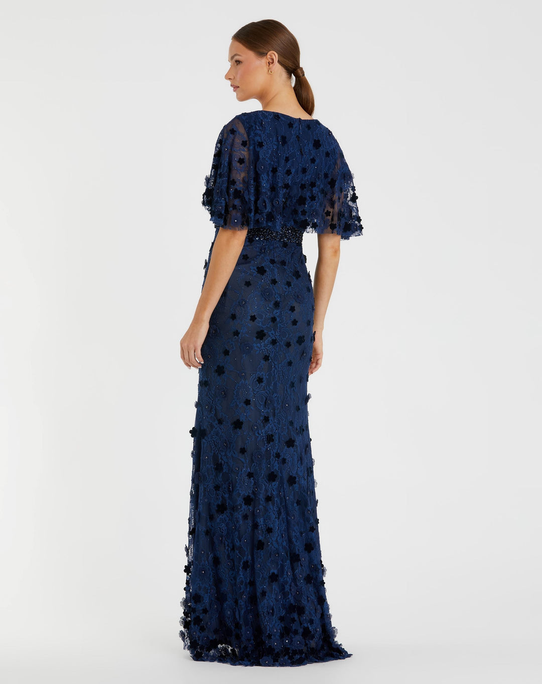 Mac Duggal 67712 Navy Flutter Sleeve Embellished Lace Gown