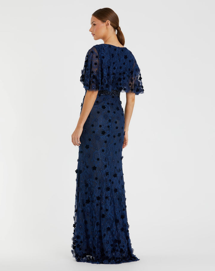 Mac Duggal 67712 Navy Flutter Sleeve Embellished Lace Gown